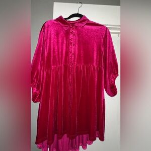Vibrant Pink Velvet Button-Up Dress or can be worn as shirt